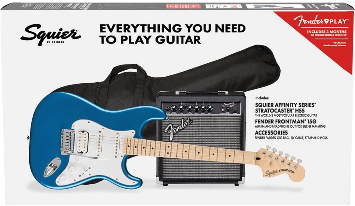 Squier by Fender Affinity Series Stratocaster Pack, HSS, Maple Fingerboard, Lake Placid Blue