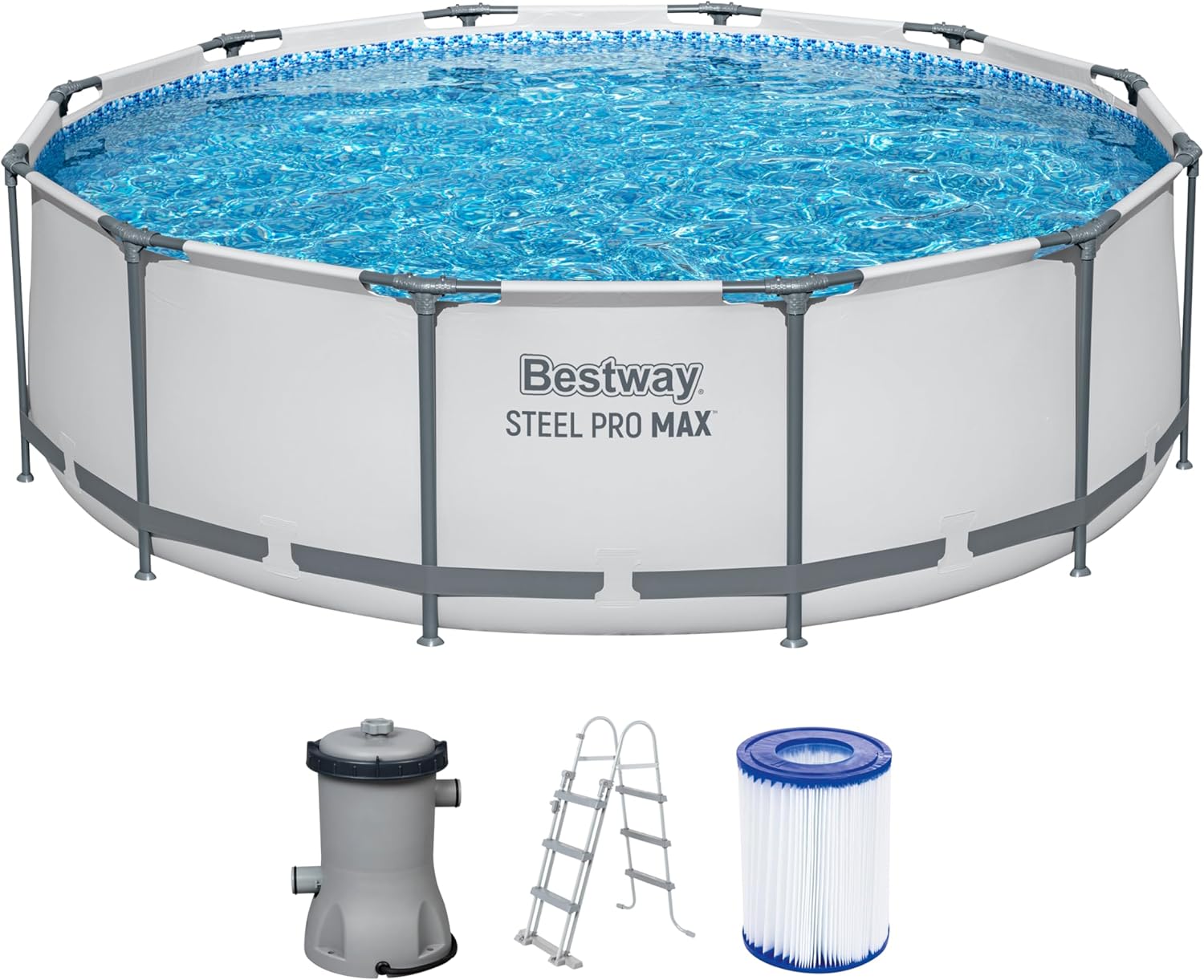 Bestway Steel Pro MAX Frame - Juego de Piscina con Bomba de Filtro (diámetro 366 x 100 cm), Color Gris Claro