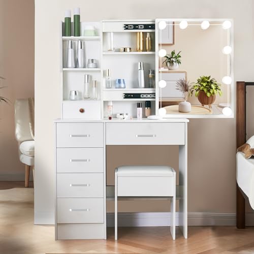 Saihemei Scrivania da trucco con specchio e 3 modalità di illuminazione, sgabello, 6 cassetti e ripiani – Mobiletto per cosmetici da camera da letto : Amazon.it: Casa e cucina