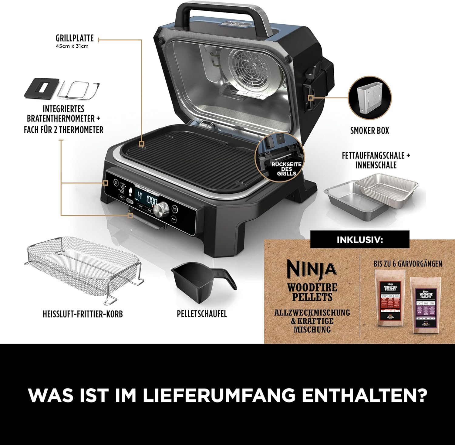 Ninja Woodfire Electric BBQ Grill & Smoker & Air Fryer, 7-in-1 Outdoor BBQ Grill, Air Fry, Smoke, Roast, Bake and more, Weather Resistant, Non-Stick, Portable, Electric, Grey/Black OG701EU