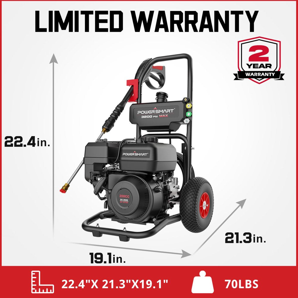 PowerSmart 3200PSI Gas Pressure Washer, 208cc Engine, 5 Nozzles, Soap Tank, 25ft Hose, Portable, CARB Compliant
