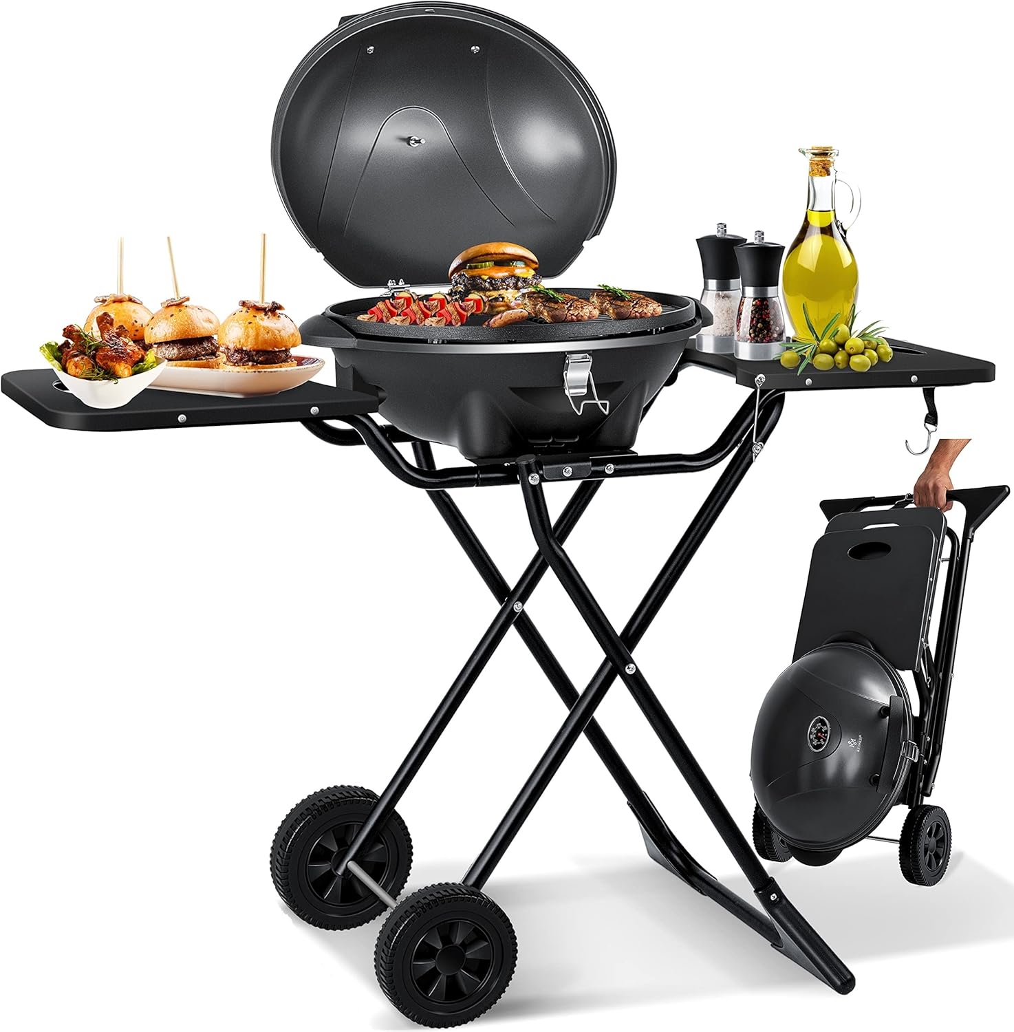KESSER elektrischer Elektrogrill 2in1 Tischgrill - Standgrill mit Deckel und Standfuß | max. 2400 Watt | Faltbar | Thermostat | Antihaftbeschichtung | Grillplatte Abstelltische | 2 Räder |