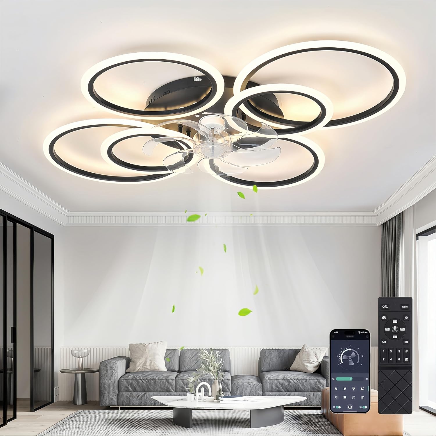 Deckenventilator Mit Beleuchtung Und Fernbedienung,85W,6800LM Lampe Mit Ventilator,100cm Led Dimmbar Deckenleuchte Mit Ventilator,6-Gang Ceiling Fan with Light Für Schlafzimmer Wohnzimmer,Schwarz