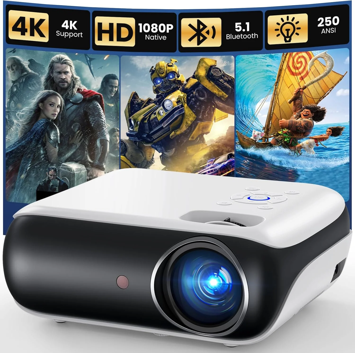 HAPPRUN Native 1080P Bluetooth Mini Projector, Full HD Portable Outdoor Movie Projector