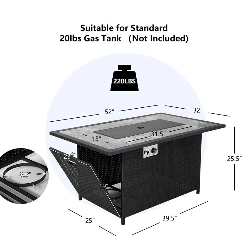 Eletriclife 52 Inch Rattan Wicker Propane Fire Pit Table with Cover and Lava Rock