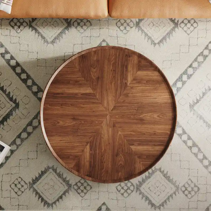 Compact Mid-Century Modern Round Walnut Coffee Table for Small Spaces and Apartments