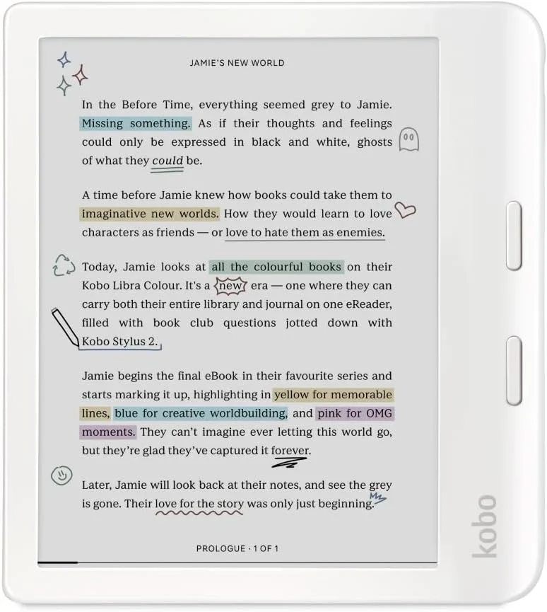 Kobo Libra Colour eReader | 7" E Ink Kaleido™ 3 Display | Adjustable Color Temperature and Brightness | Blue Light Reduction | eBooks and AudioBooks | 32GB Memory | Water Resistant | White
