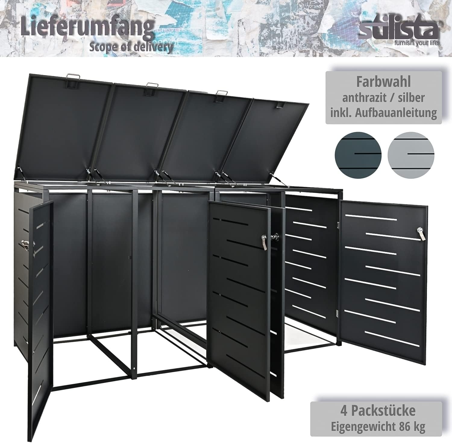 STILISTA Mülltonnenverkleidung aus Metall, für 4 Mülltonnen je 240 Liter, Silber