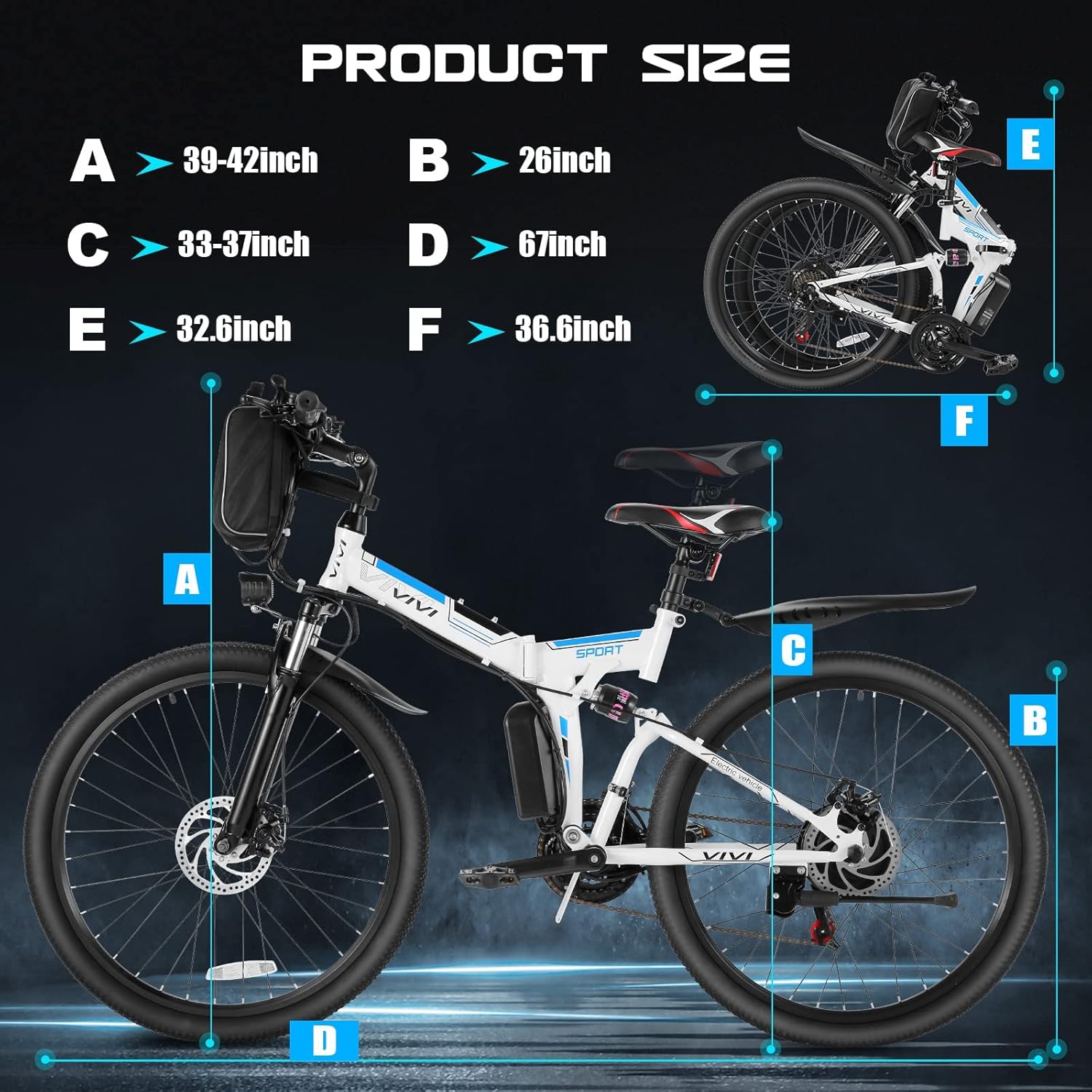 Vivi Electric Bike for Adults 750W Peak Folding Electric Mountain Bike 26'' Commuter Ebike 22MPH Adult Electric Bicycles with Removable Battery, LCD Display, Dual Shock Absorber, UL 2849 Certified