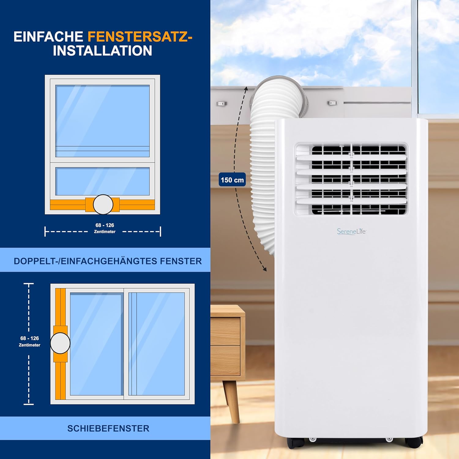 SereneLife 3-in-1 Mobile Klimaanlage mit Abluftschlauch – Klimagerät als Luftkühler, Ventilator & Luftentfeuchter– Mini Klimaanlage für Räume bis zu 28 m2 – Luftkühler für Zuhause & Büro 10,000 BTU