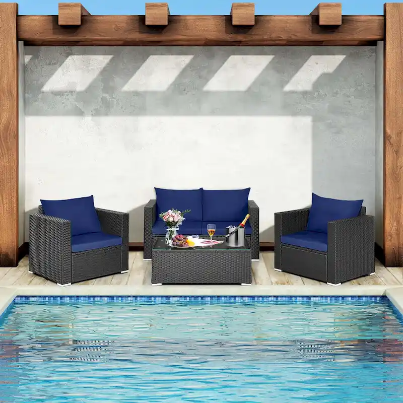 Costway 4 PCS Patio Rattan Furniture Set Cushioned Sofa Chair Coffee - See Description
