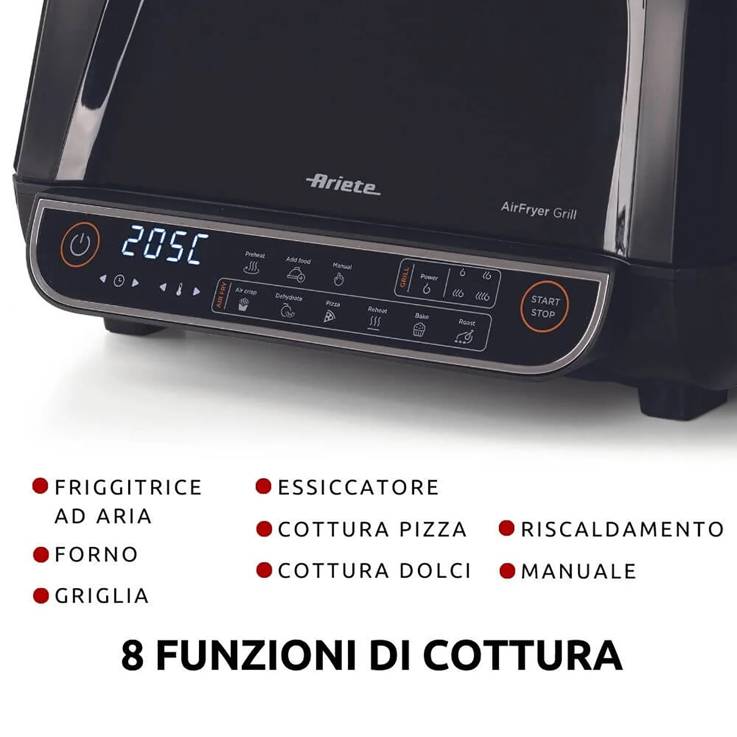 ARIETE - Friggitrice ad Aria Multifunzione Air Fryer Grill 8 litri 1700 Watt