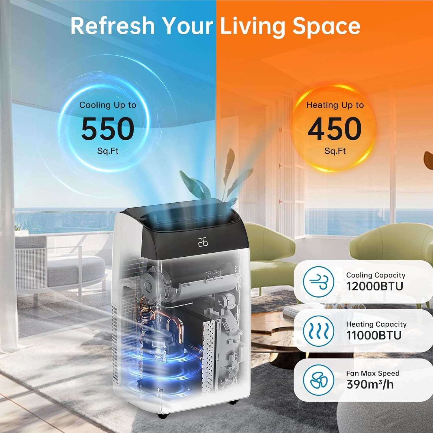 Leises 4-in-1 Mobiles Klimagerät 12000 BTU | Kühlen/Ventilieren/Entfeuchten/Follow-Me | Für Räume Bis 43–51㎡ Abluftschlauch+Digitaldisplay+Fernbedienung+24h-Timer
