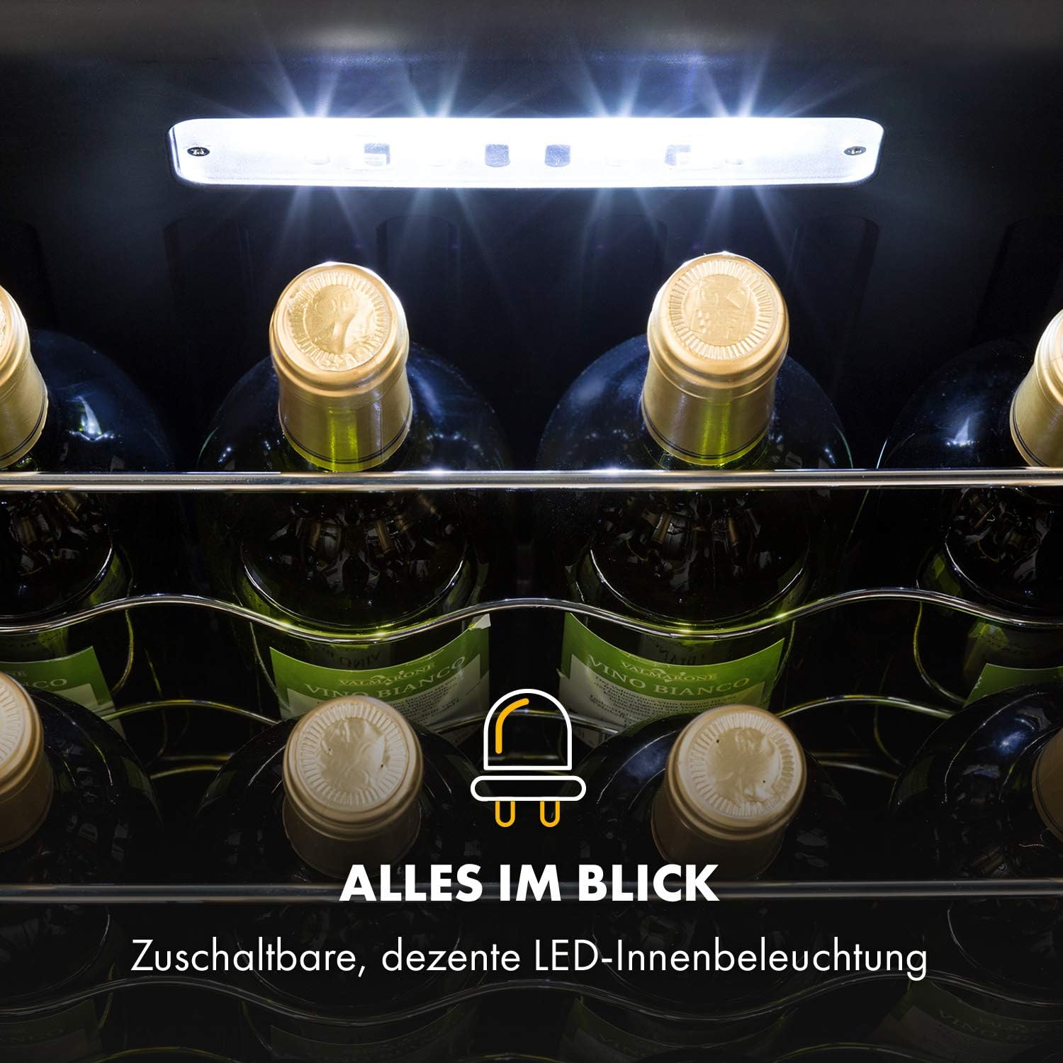 Klarstein Weinkühlschrank, 1 Zonen Getränkekühlschrank Klein, Kleiner Weinschrank 42L, Wein-Kühlschrank Klein mit Glastür, Indoor/Outdoor Flaschenkühlschrank, Wine Fridge 5-18°C, 16 Flaschen