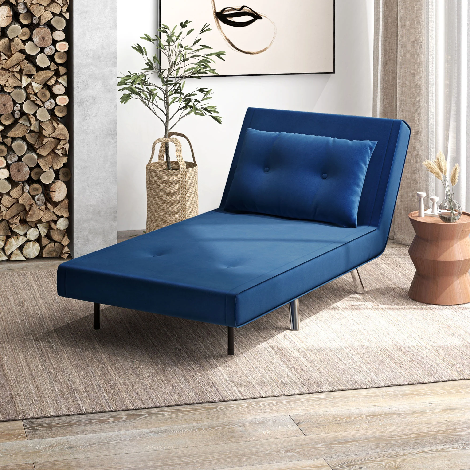 HOMCOM Ligstoel Stoel met Ligfunctie Slaapstoel, Knoopstiksels, Fluweellook, 77 cm x 88 cm x 83 cm, Blauw