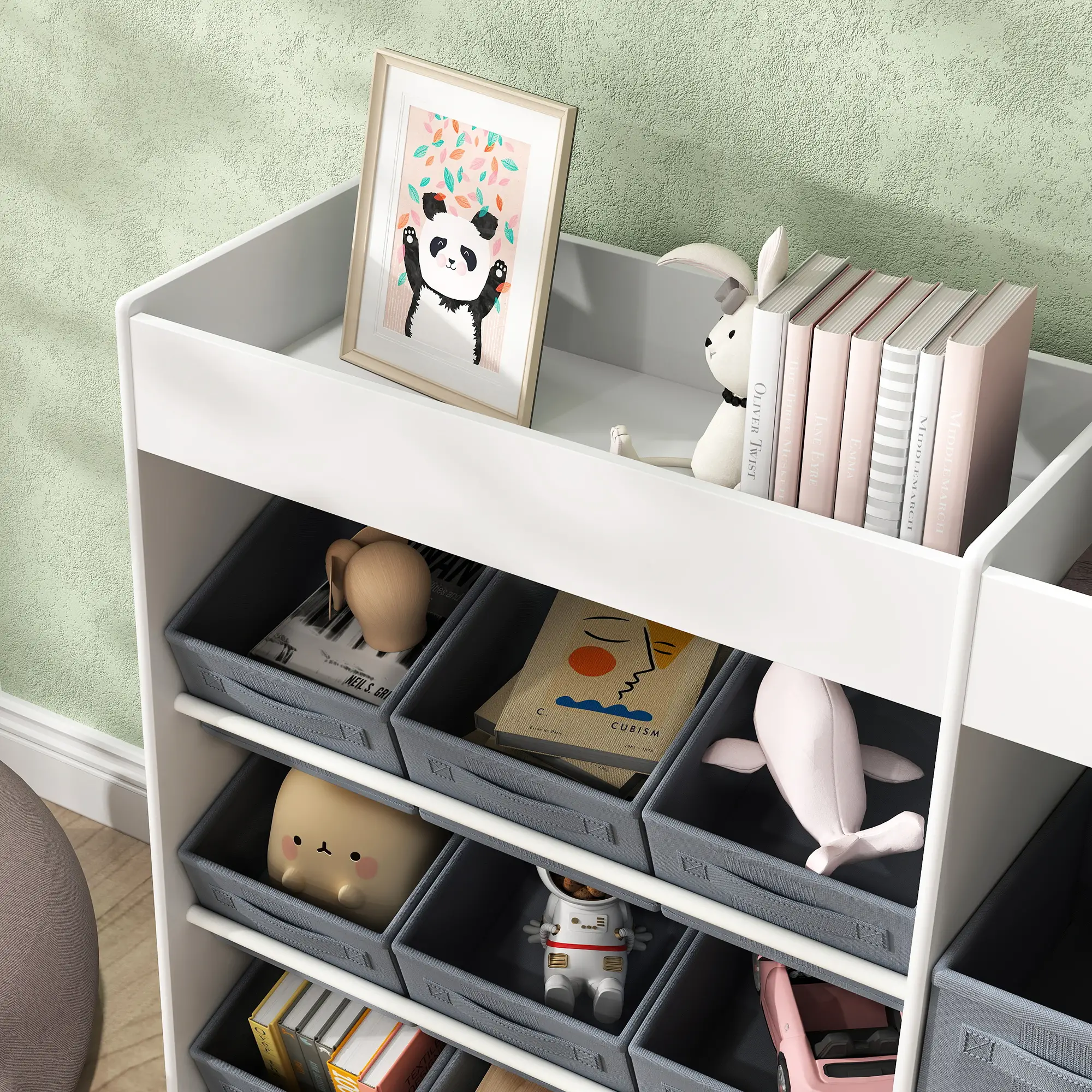 AIYAPLAY Kinderregal mit 11 Stoffboxen & Schrankfach, Weiß