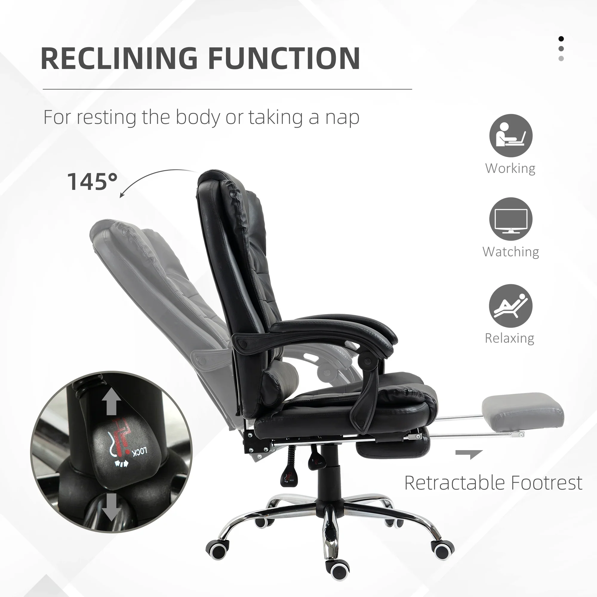 Silla de Oficina Ejecutiva, Sillón de Cuero PU con Respaldo Reclinable y Reposapiés, Negro