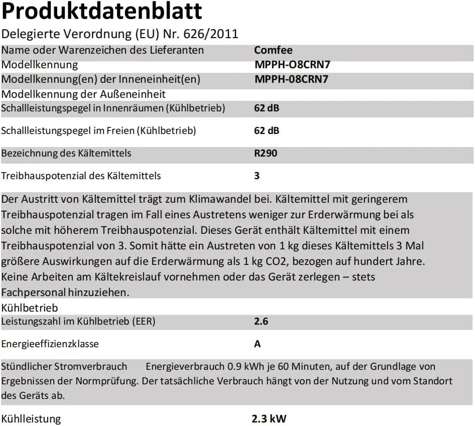 Comfee Mobiles Klimagerät MPPH-09CRN7, 9000 BTU 2,6kW, Kühlen&Ventilieren&Entfeuchten, Raumgröße bis 88m³(33㎡), Mobile Klimaanlage mit Abluftschlauch