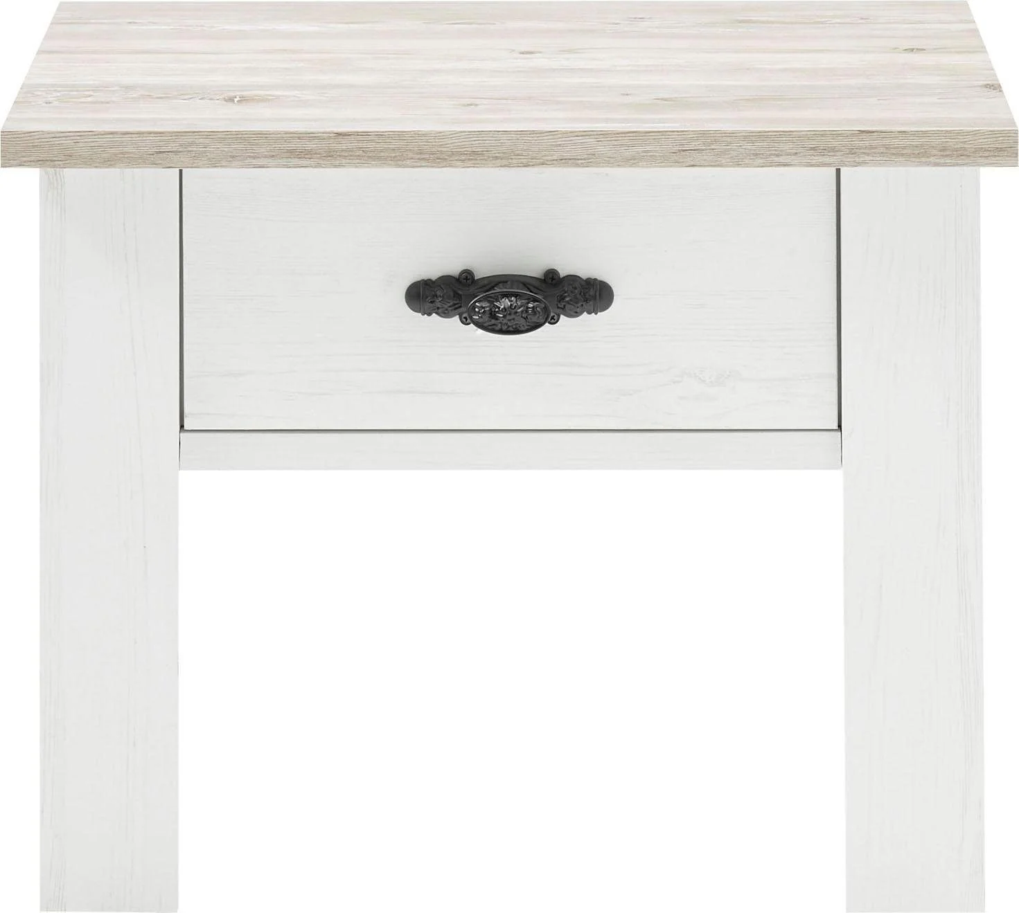 Mesita de noche Florenz blanca con aspecto de madera, 1 cajón, 58 cm de ancho