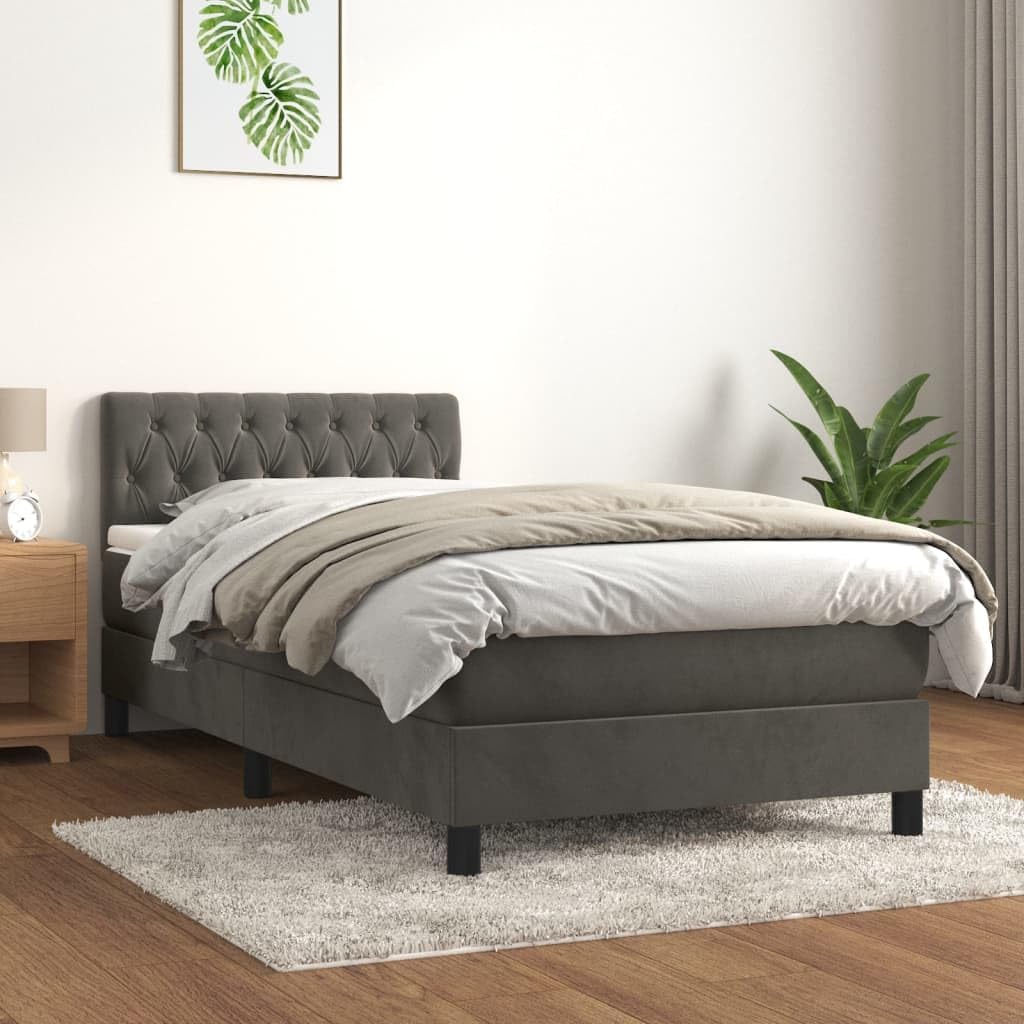 vidaXL Boxspringbett mit Matratze Bett Polsterbett Bettrahmen Bettgestell Lattenrost Einzelbett Hotelbett Schlafzimmerbett Dunkelgrau 90x200cm Samt