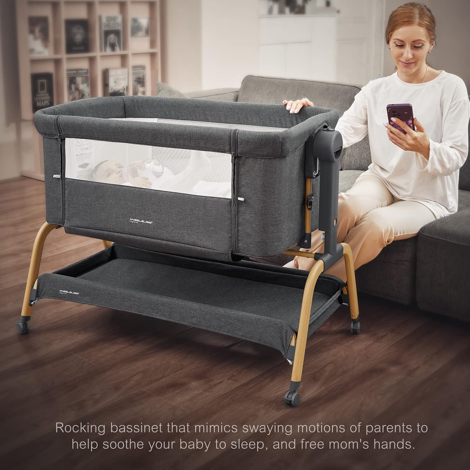ANGELBLISS 3-in-1 Baby Bassinet, Adjustable Bedside Sleeper with Mattress & Wheels, Dark Grey