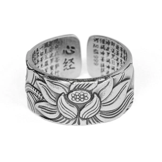 Zilveren Open Lotus Ring - 999 Sterling Zilver - Antique Plated - Verstelbaar