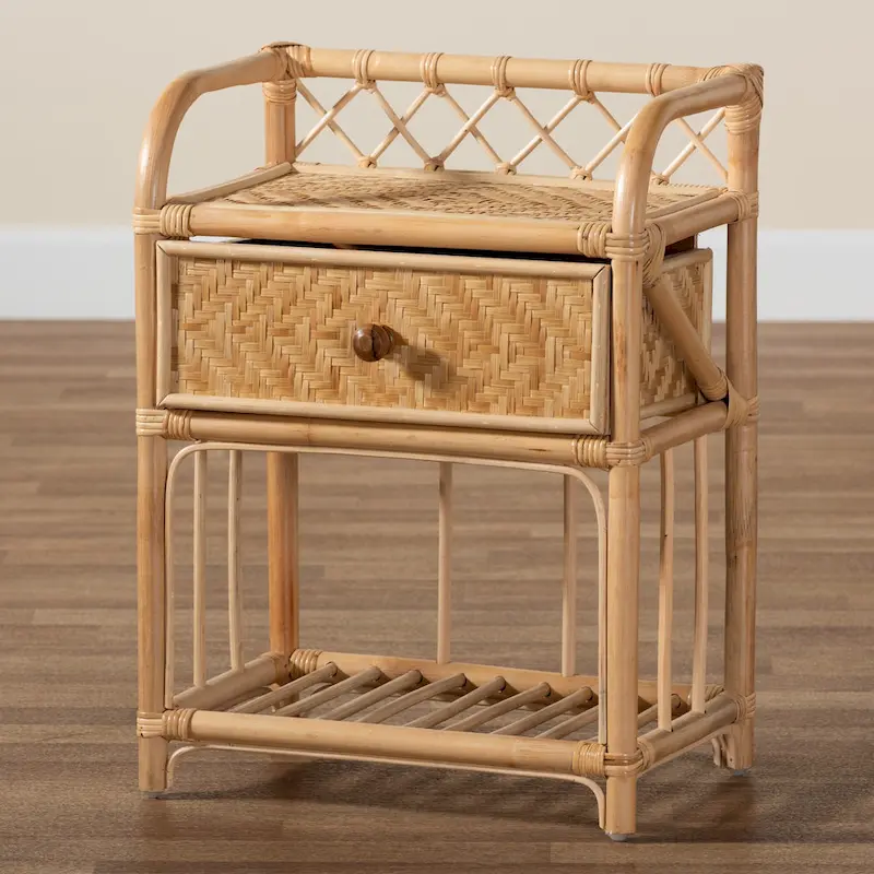Modern Bohemian Natural Brown Rattan Nightstand with 1 Drawer by Kobie