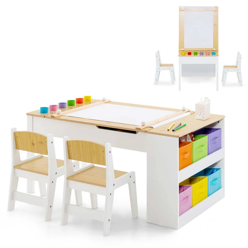 2-in-1 Kids Art Table Chair Set for Drawing Writing, Toddler Craft Play Wood Activity Desk w/2 Chairs Paper Roll Storage Canvas Bins