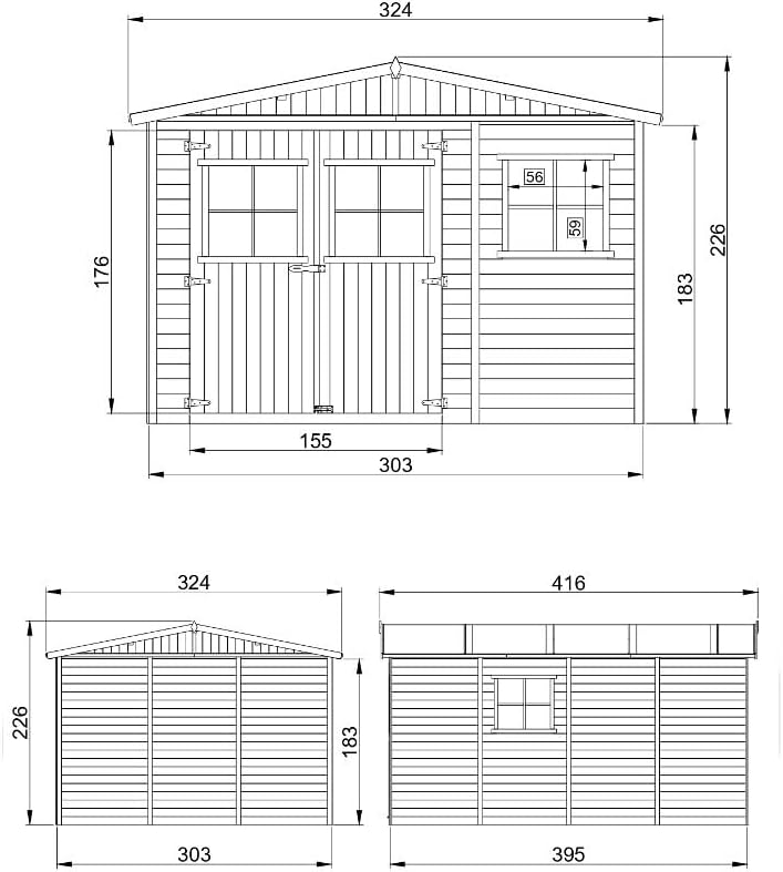 Wooden Garden Shed with Treated Floor – 324 x 416 cm/12 m² Natural Wood Shed – Garden Workshop – Bicycle, Tool Storage TIMBELA M336+M336G