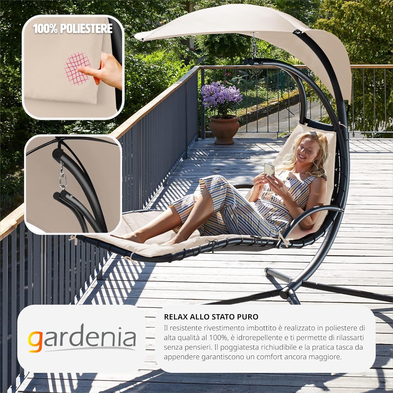 Gardenia Kelly Hammock Chair Hanging Rocking Chair with Sun Shade Beige
