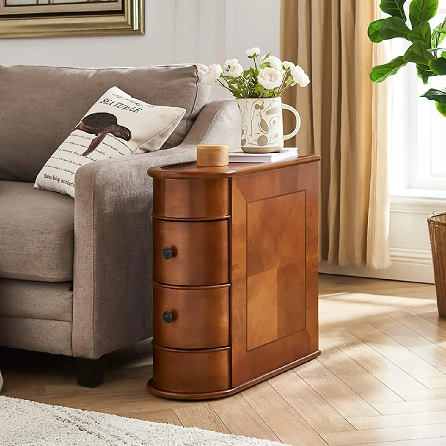Solid Wood Chairside End Table, Two-Drawer Narrow Side Table Slim