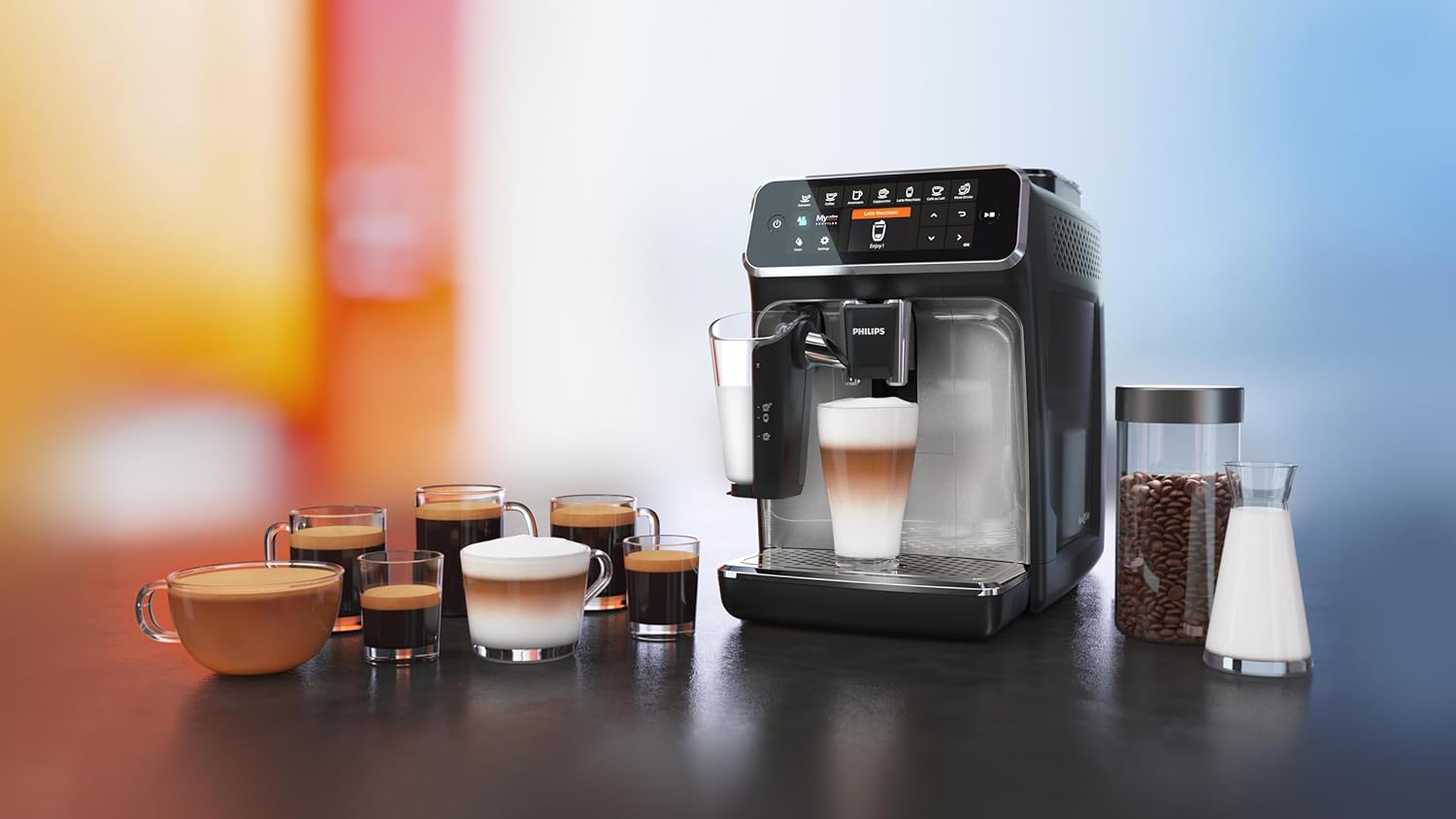 Philips Serie 5400 Kaffeevollautomat - LatteGo, 12 Getränke, Milchaufschäumer, Touchscreen, 4 Profile, Chrom-Finish (EP5447/90)