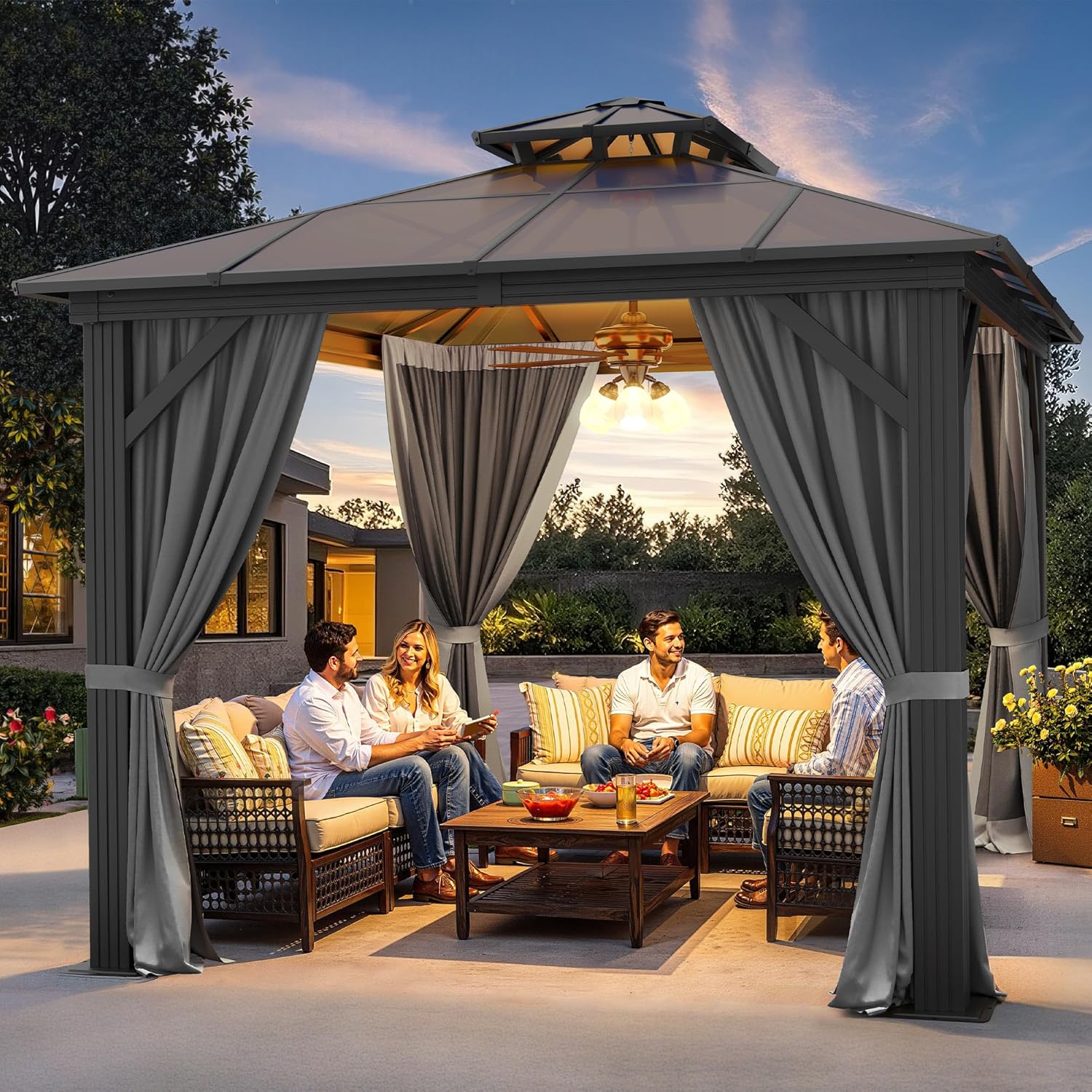 YITAHOME 3 x 3m Wasserdicht Polycarbonat Dach Pavillon mit Doppeldach,Netz und schattigen Vorhängen,Aluminium-Rahmen, Gartenzelt für Terrasse, Hinterhof, Deck und Rasen