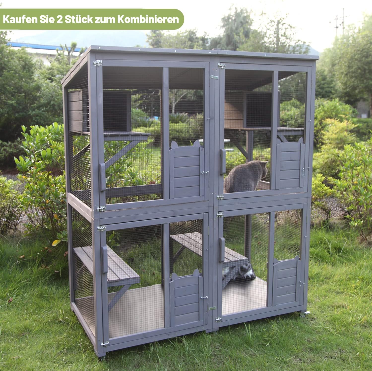 Kattenhuis Outdoor Catio Kitty Omheining met Super Grote Toegangsdeur, Houten Kattenkooi Condo Indoor Box met Platforms en Klein Huis
