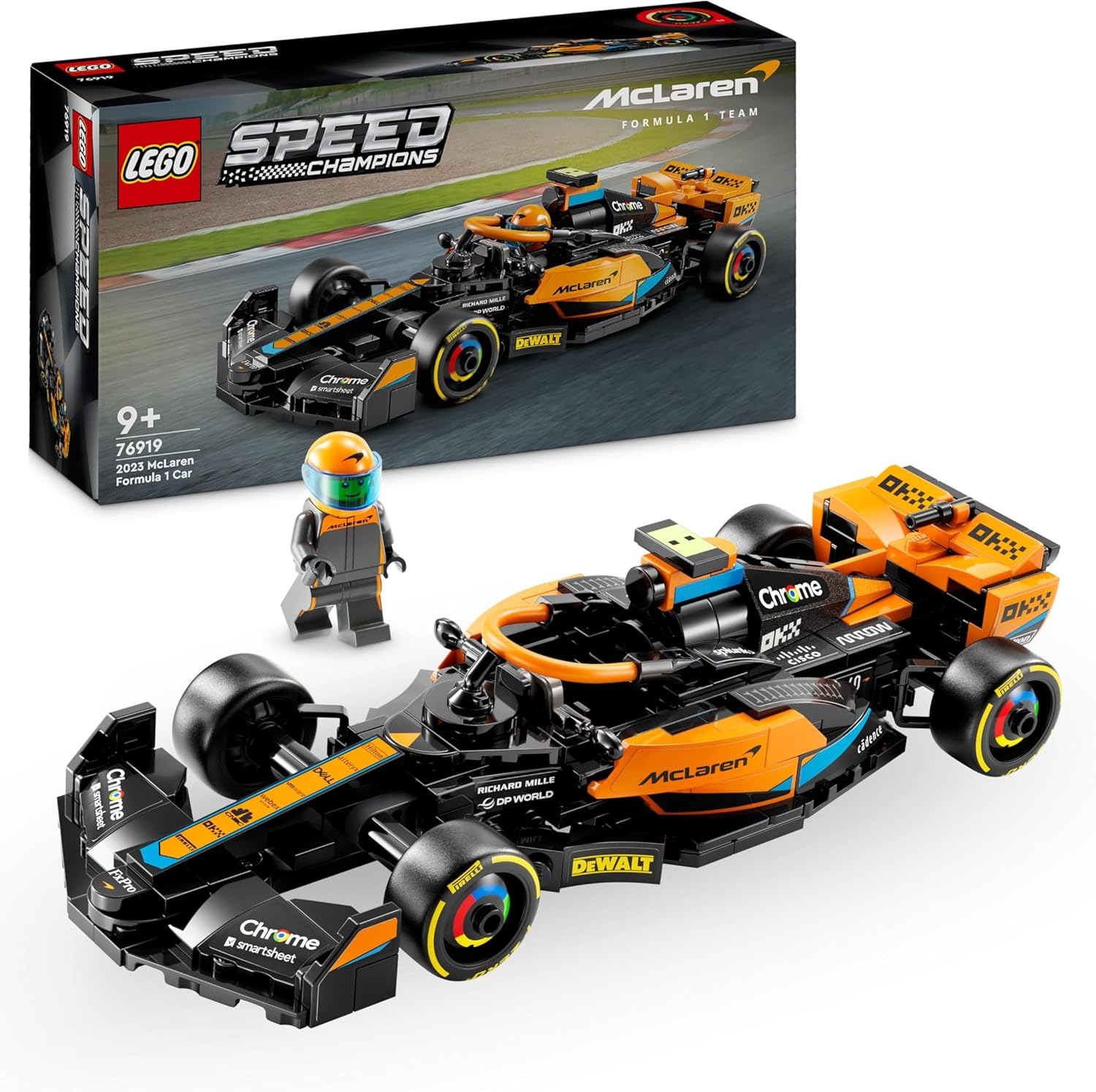LEGO Speed ​​Champions 2023 McLaren Formel 1-bil leksaksbil, byggbar modellbyggsats för barn, presentidé att leka med och visa upp för pojkar och flickor från 9 år som gillar självständig lek 76919