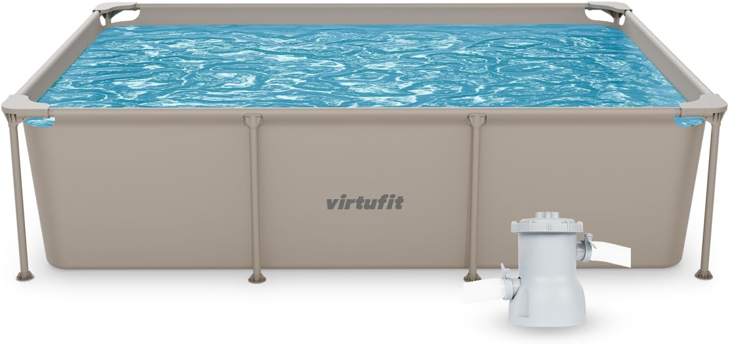 VirtuFit Piscina rectangular de 260 x 180 x 66 cm, color beige, ahorra espacio, marco estable, incluye bomba de filtro