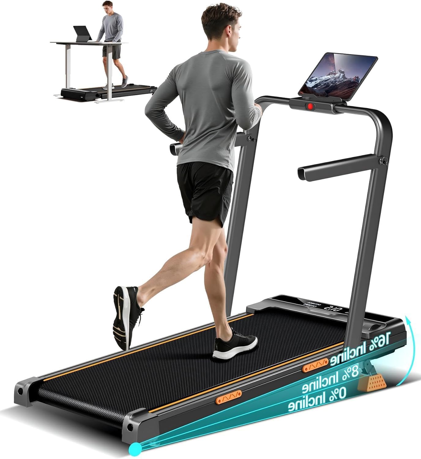 CURSOR FITNESS Walking Pad with 16% Adjustable Incline, Folding 3 in 1 Portable Under Desk Running Machine for Home Office, 2.5HP Treadmill with Handles, Remote Control, Speed 1-10KM/H, 136KG Capacity