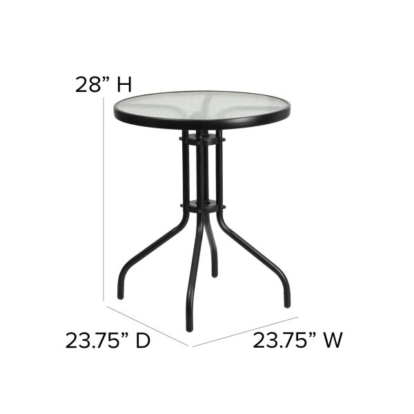 23.75  Round Glass Metal Table with 2 Black Metal Aluminum Slat Stack Chairs