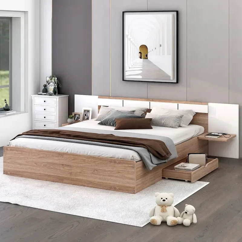 Natural Queen Size Platform Bed with Headboard, Storage Drawers, Shelves, USB Ports, and Outlets