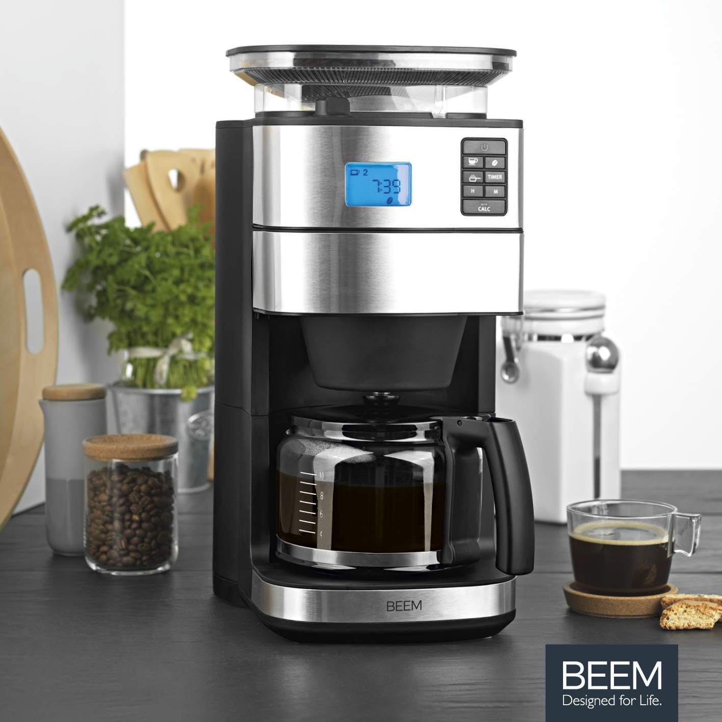 BEEM FRESH-AROMA-PERFECT II Filterkaffeemaschine mit Mahlwerk - Thermo | Edelstahl | Thermokanne | 24h-Timer | 1000 W | 180 g Bohnenbehälter