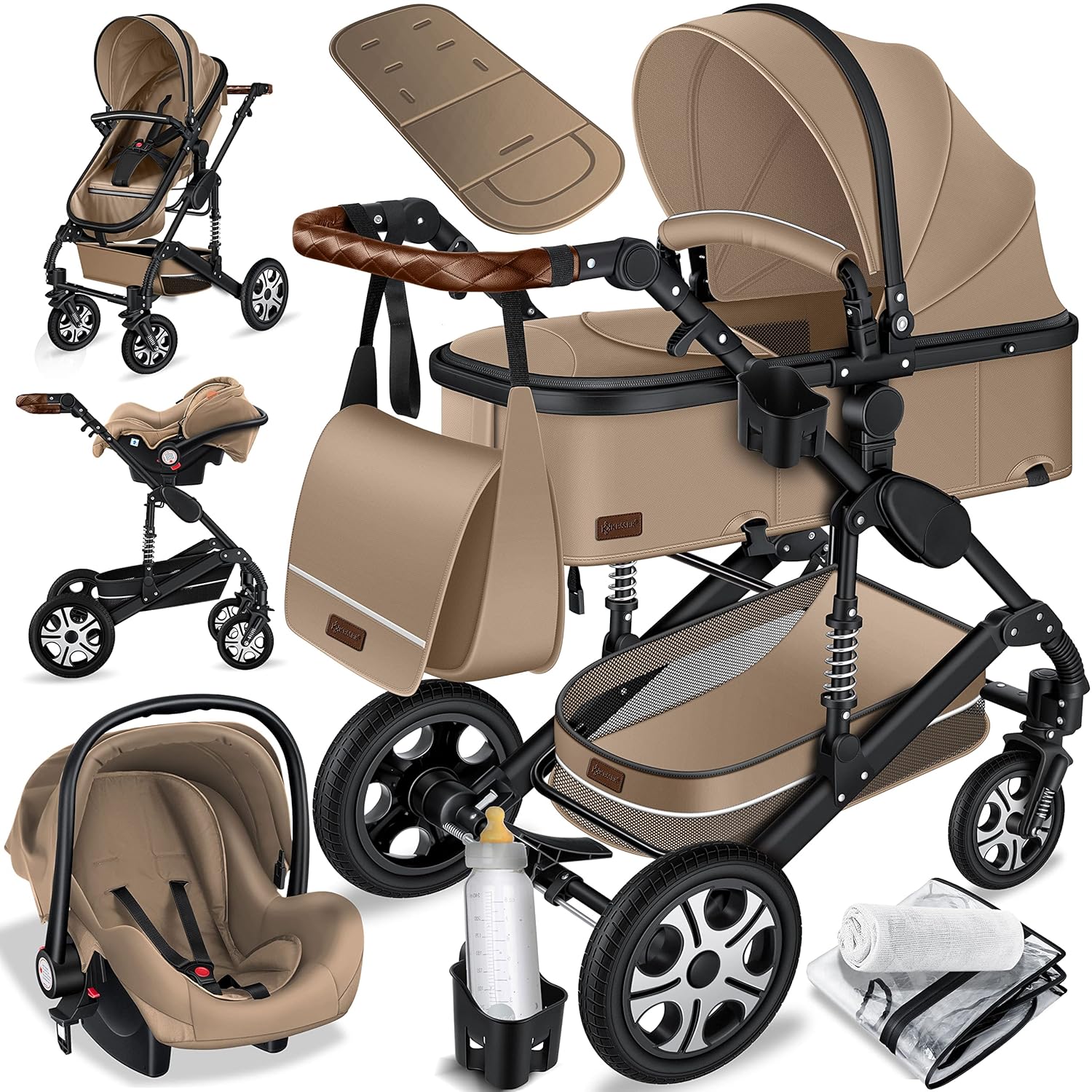 KESSER® Loops 3 in 1 Kinderwagen Kombikinderwagen Komplett-Set inkl. Babywanne & Buggy Sportsitz & Auto-Babyschale Voll-Gummireifen Wickeltasche Regenschutz Kindertisch ECE R129, Grau/Silber