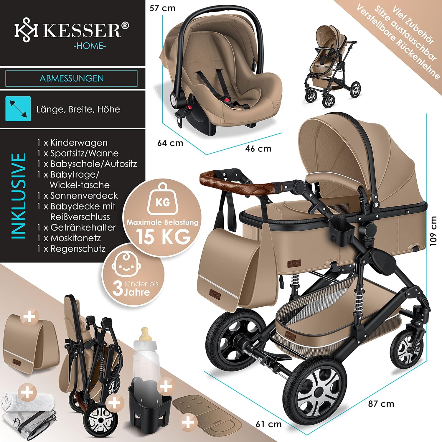 KESSER® Loops 3 in 1 Kinderwagen Kombikinderwagen Komplett-Set inkl. Babywanne & Buggy Sportsitz & Auto-Babyschale Voll-Gummireifen Wickeltasche Regenschutz Kindertisch ECE R129, Grau/Silber