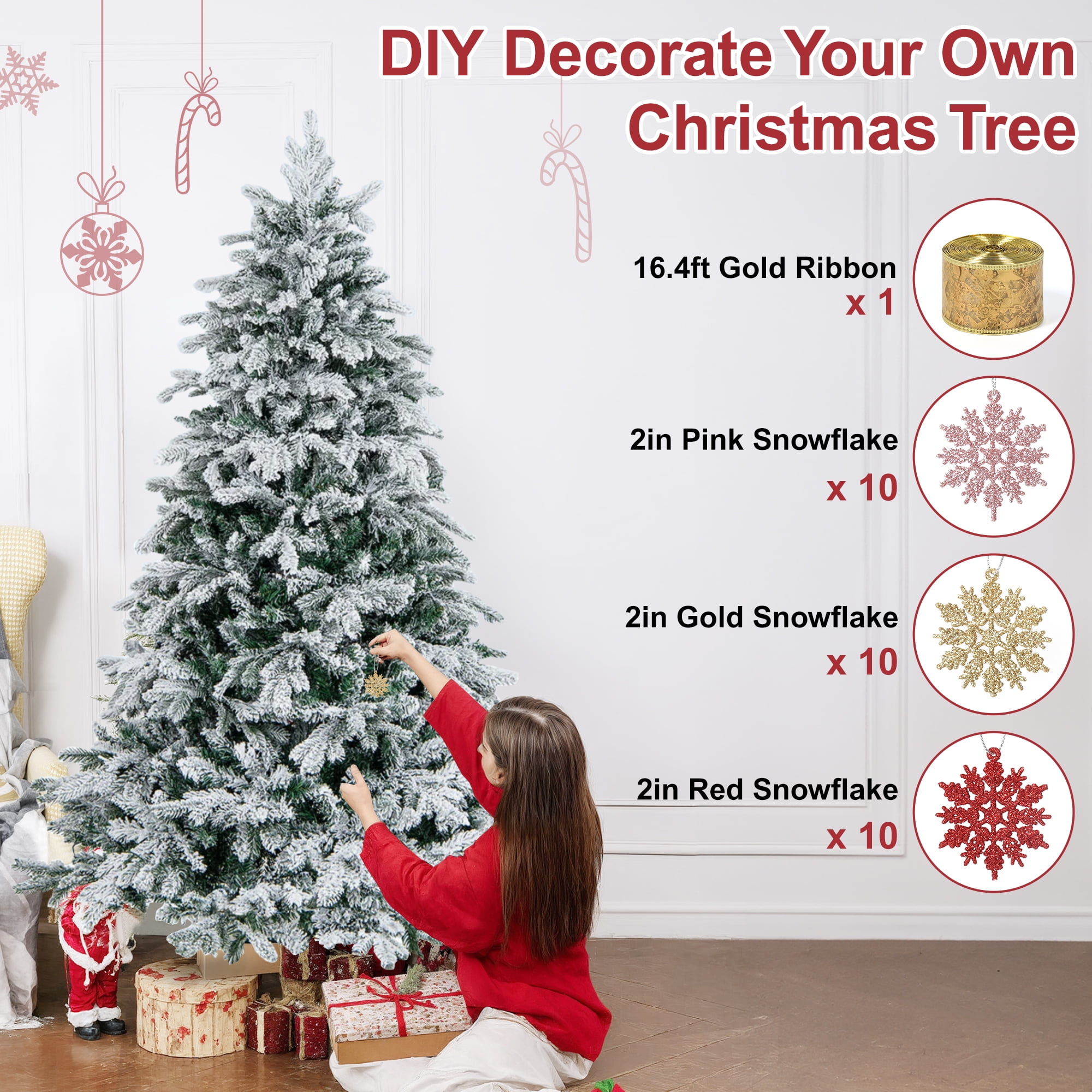 Vrilay 6ft Pre-Lit Snow Flocked Artificial Christmas Tree w/ 1000 Tips 300 Lights, Gold Ribbon & Snowflake Christmas Decorations