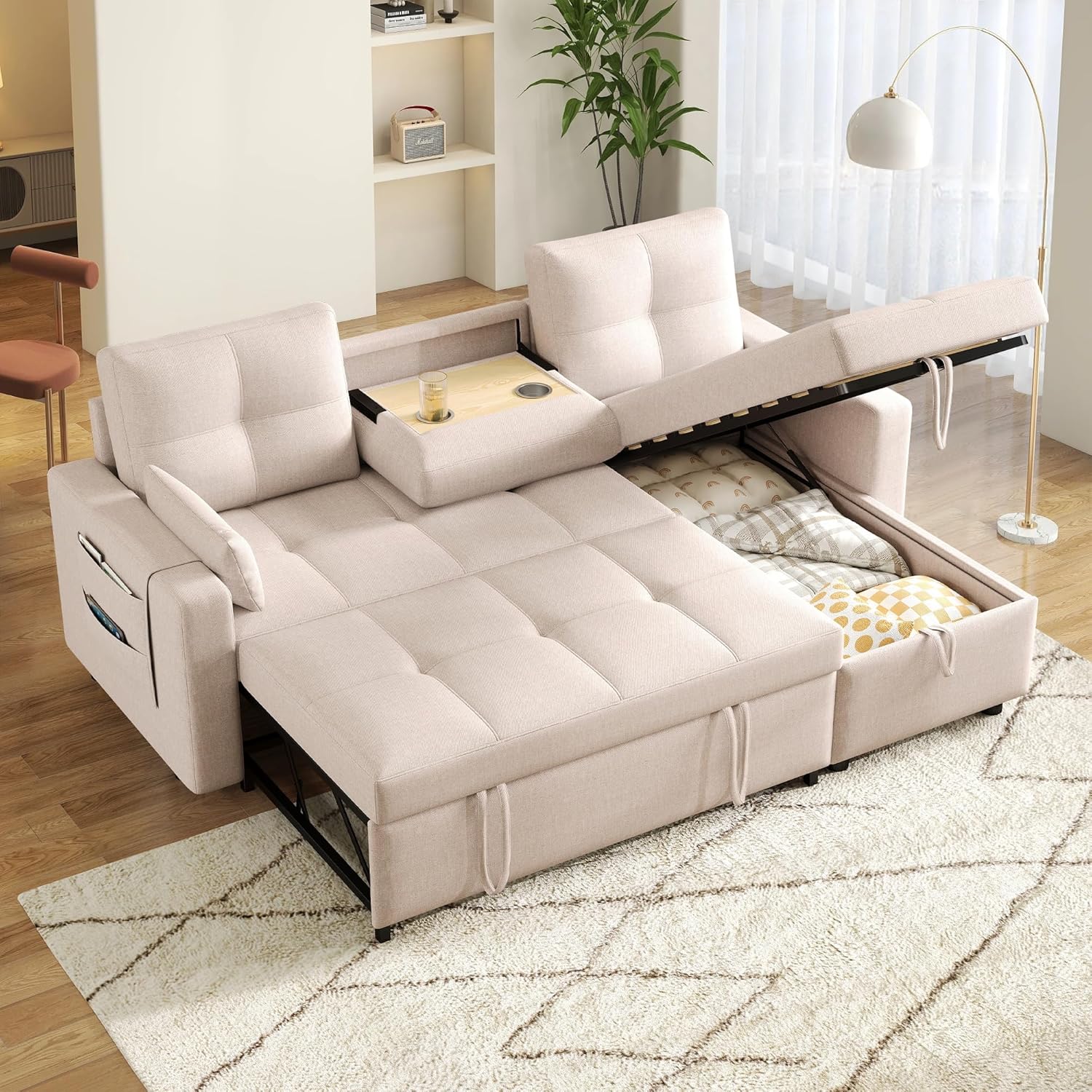 3 Seater Sofa with Bed Function, L-Shaped Corner Sofa with Pull Out Bed and Folding Cup Holder, Convertible Sofa with Container Compartment, Sectional Sofa, 3 Seater Sofas, Linen