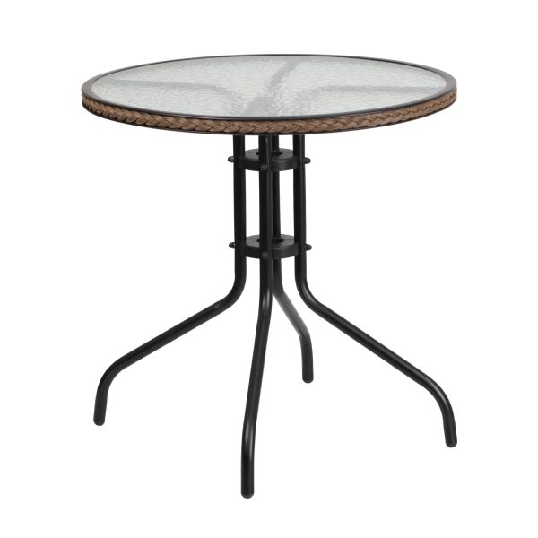 28  Round Glass Metal Table with Dark Brown Rattan Edging and 2 Dark Brown Rattan Stack Chairs