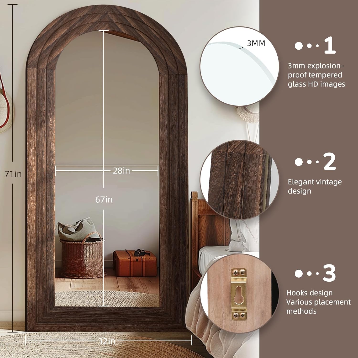 Arched Full Length Mirror with Solid Wood Frame, 71x32 Farmhouse Wall Mounted Floor Mirror with Stand, Vertical Hanging, Leaning Standing for Bedroom, Living Room, Brown