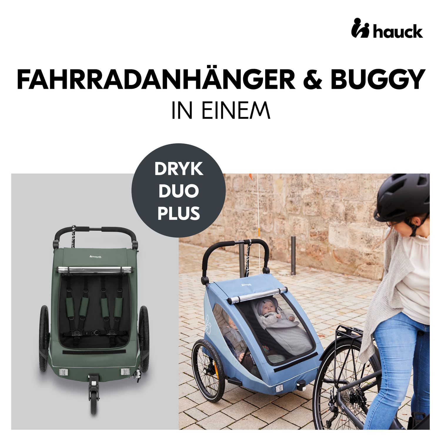 hauck Fahrradanhänger & Kinderwagen Dryk Duo Plus mit Federung, für 2 Kinder (6-48 Monate), inkl. Deichsel, Buggyrad, Fahne und LED Licht, Faltbar, Höhenverstellbar, XL Kofferaum (Dark Green)