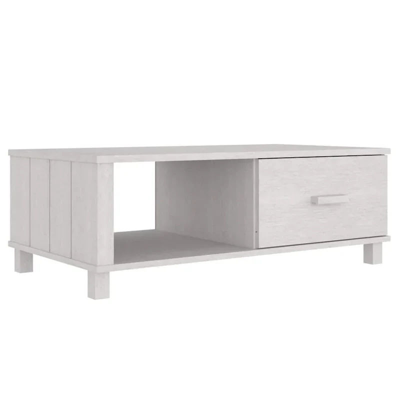 Rectangular White Solid Pine Wood Coffee Table with Storage Drawer