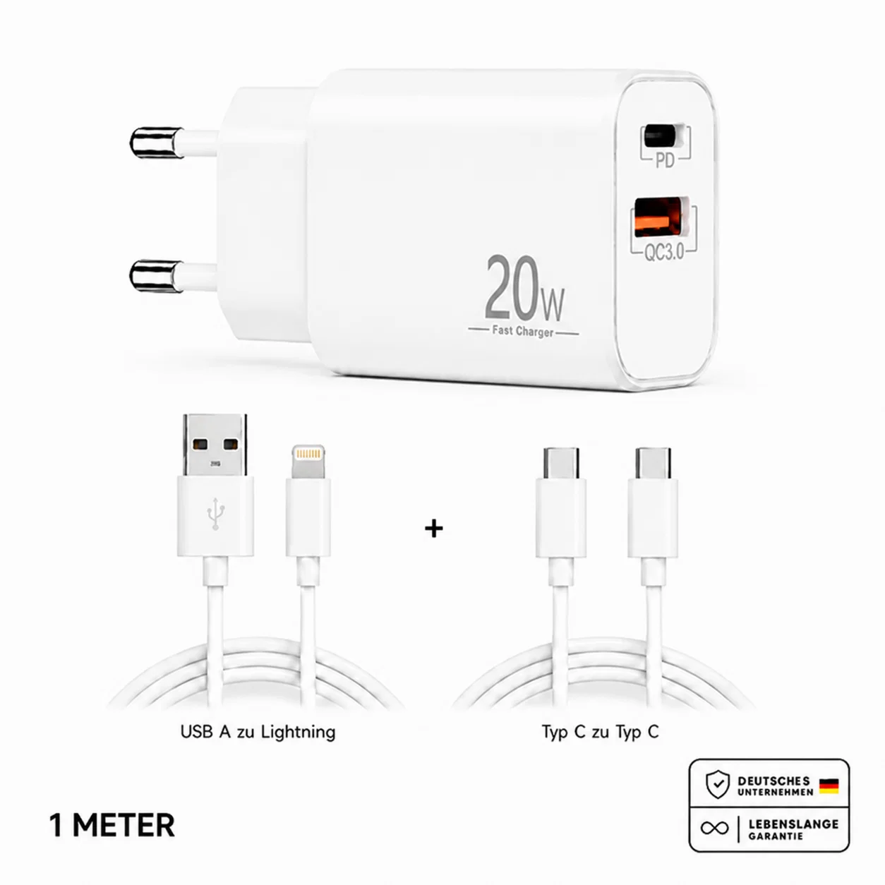 Schnellladegerät USB-C + USB-A Dual Netzteil Universal mit Kabel