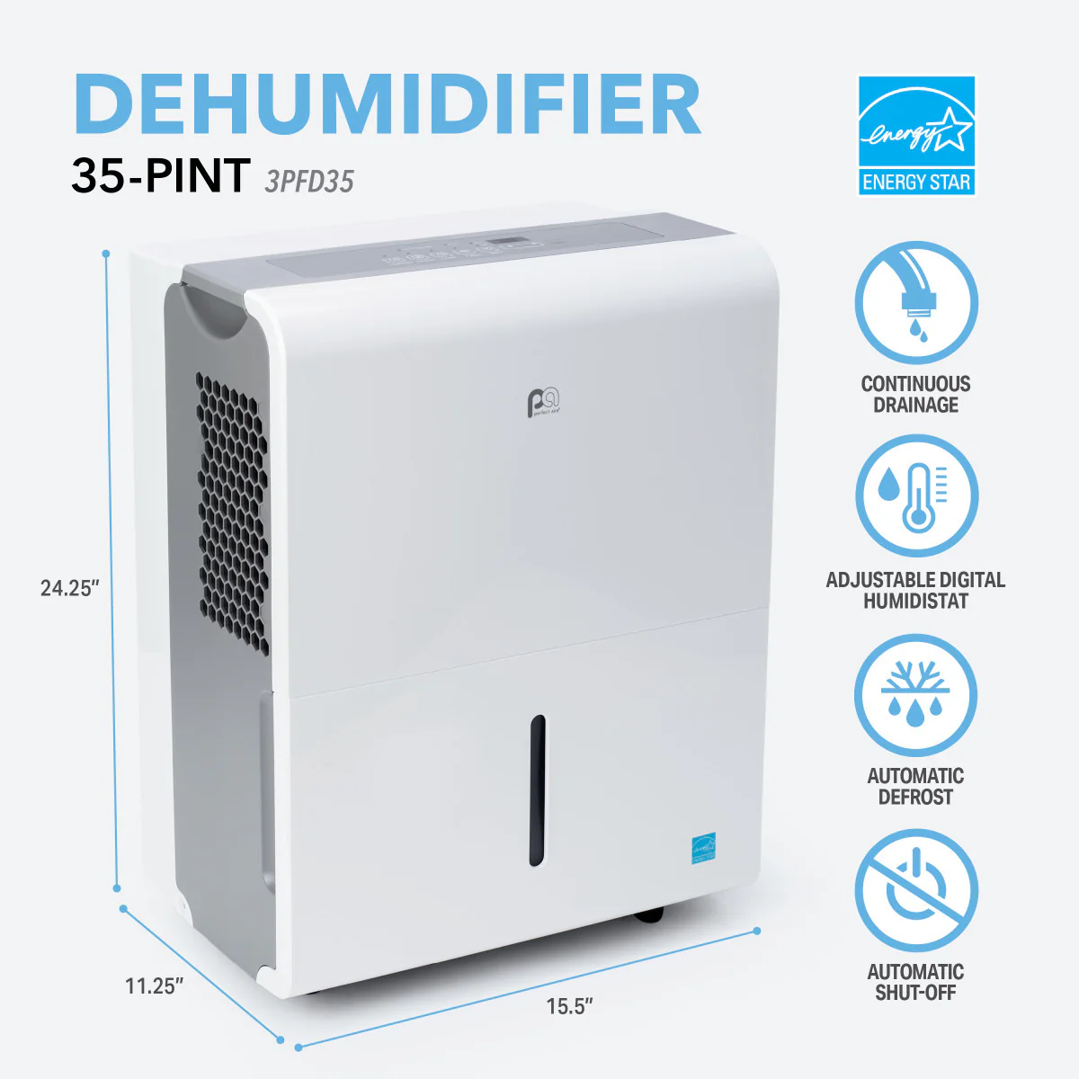 2025 Deshumidificador ENERGY STAR de 35 pintas con drenaje continuo y funcionamiento ultra silencioso – ideal para habitaciones medianas y sótanos
